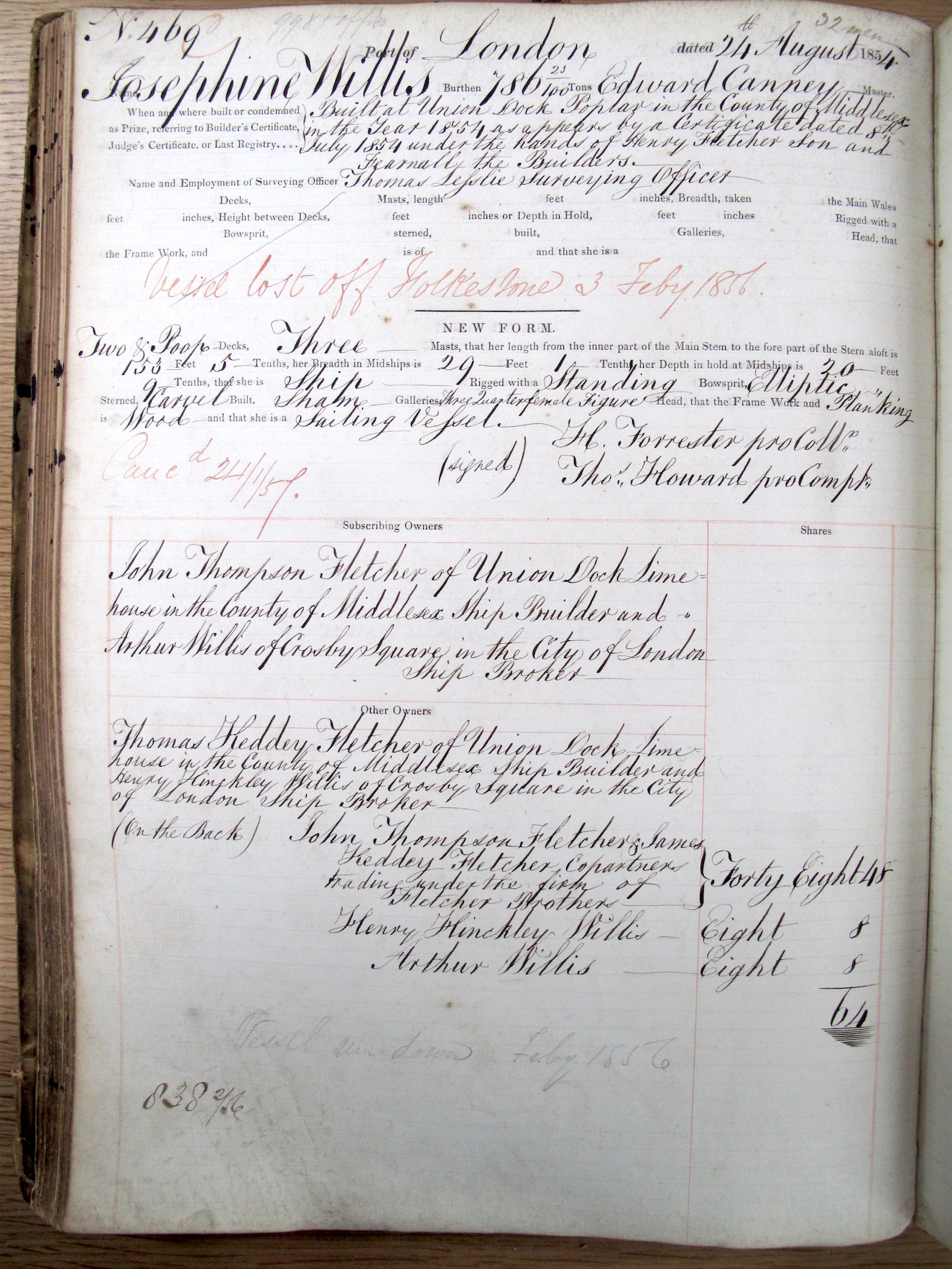 Register of Shipping Josephine Willis 1854